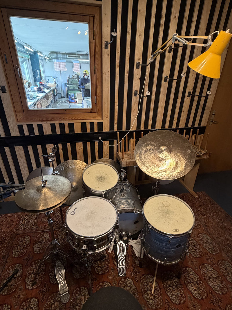 Funch Cymbals listening room, drum kit under the window